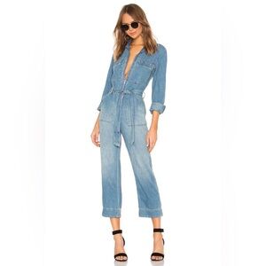 FREE PEOPLE Women’s Charlie Zip Front Cropped Belted Denim Jumpsuit Size 2